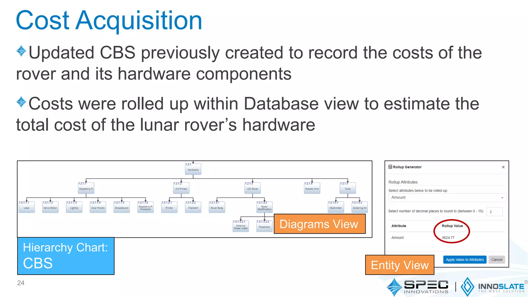 Updated CBS previously created to record the costs of the
rover and its hardware components
Costs were rolled up within Database view to estimate the
total cost of the lunar rover’s hardware
24
Diagrams View
Hierarchy Chart:
CBS Entity View
Cost Acquisition
 
