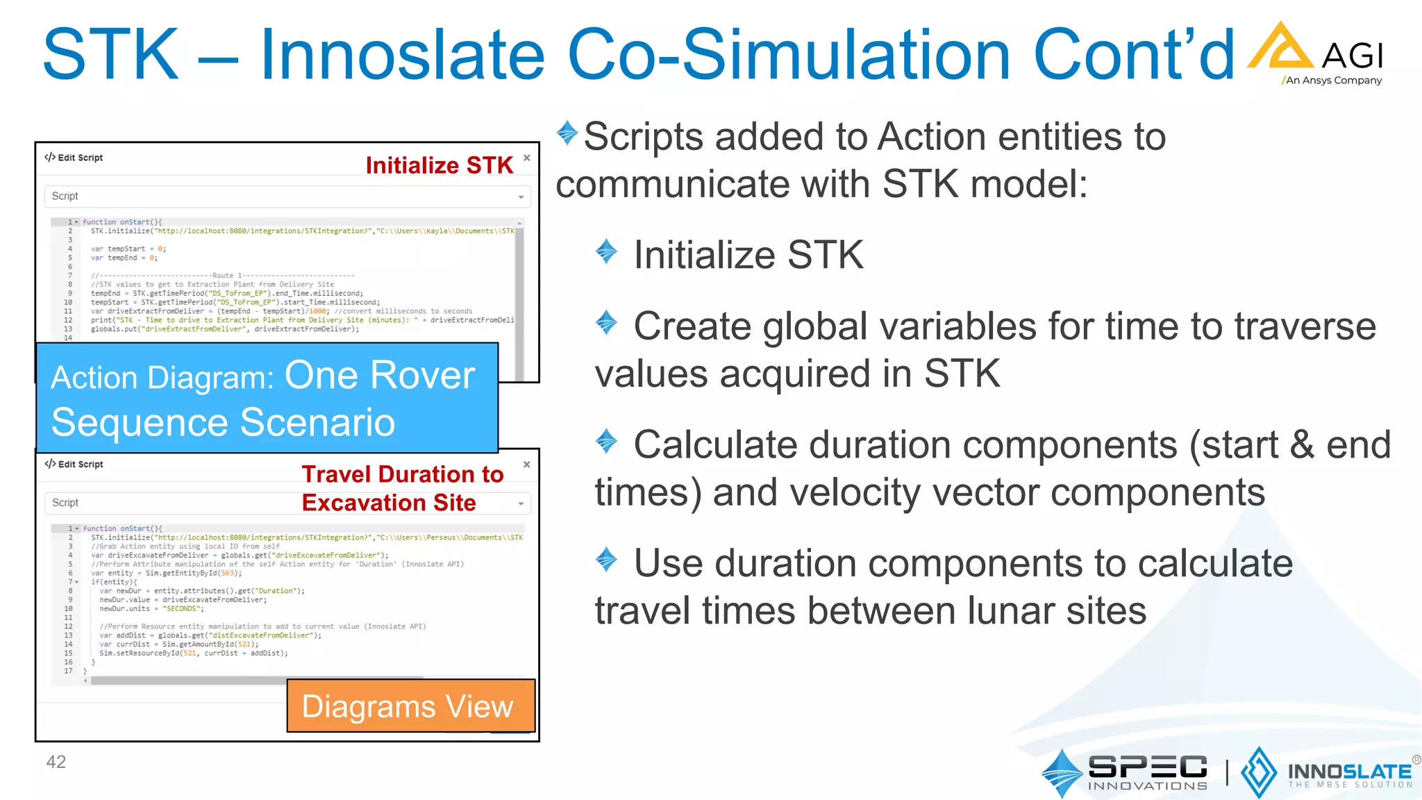 Scripts added to Action entities to
communicate with STK model:
Initialize STK
Create global variables for time to traverse
values acquired in STK
Calculate duration components (start & end
times) and velocity vector components
Use duration components to calculate
travel times between lunar sites
42
STK – Innoslate Co-Simulation Cont’d
Diagrams View
Action Diagram: One Rover
Sequence Scenario
Initialize STK
Travel Duration to
Excavation Site
 