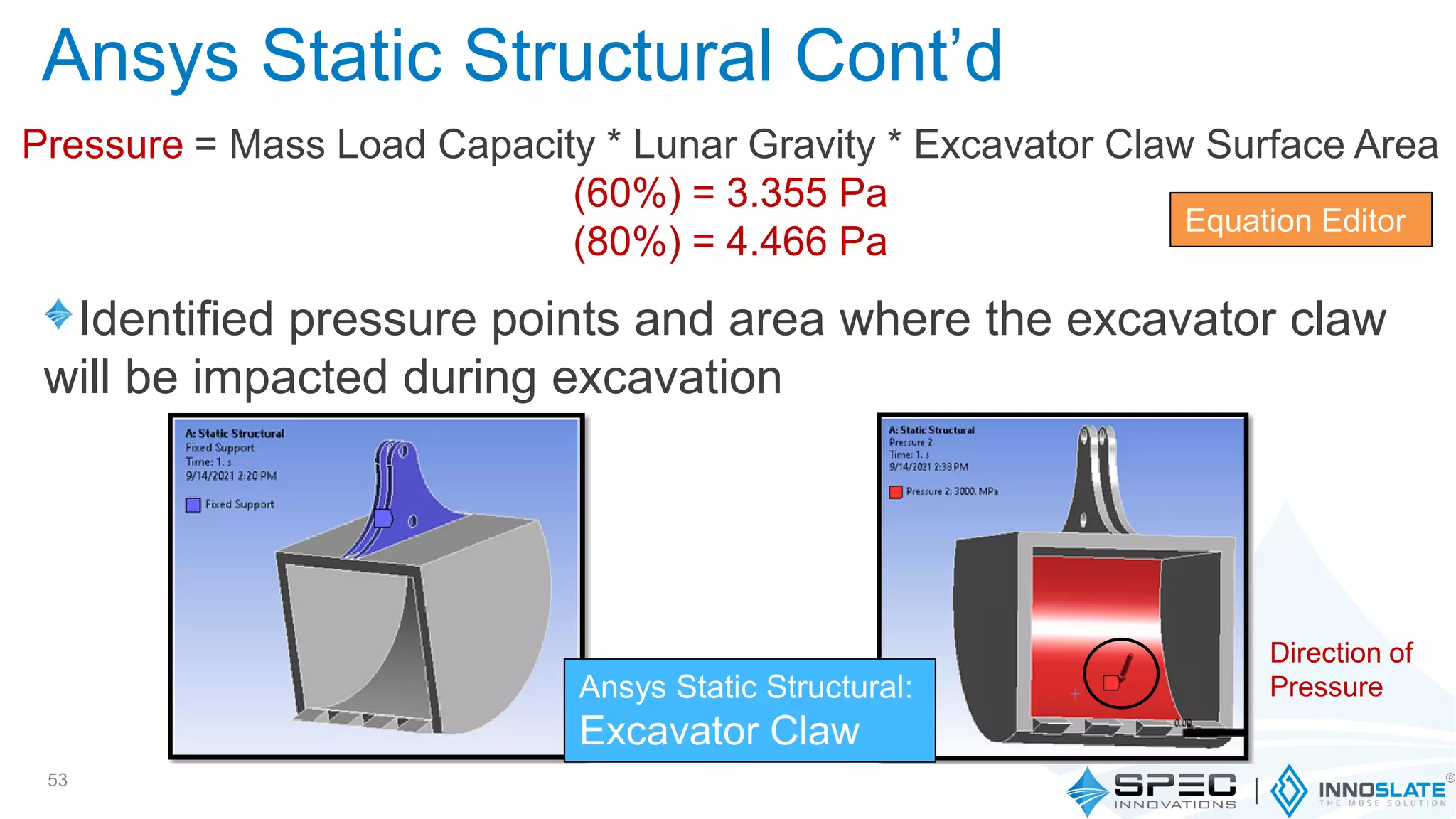 Identified pressure points and area where the excavator claw
will be impacted during excavation
53
Ansys Static Structural Cont’d
Pressure = Mass Load Capacity * Lunar Gravity * Excavator Claw Surface Area
(60%) = 3.355 Pa
(80%) = 4.466 Pa
Equation Editor
Ansys Static Structural:
Excavator Claw
Direction of
Pressure
 
