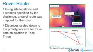 Using site locations and
distances specified by the
challenge, a travel route was
mapped for the rover
Distances scaled down to
the prototype’s size for travel
time calculation in Task
Three
27
* See Appendix for scale calculations
Rover Route
 