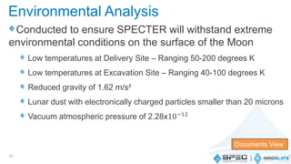 Conducted to ensure SPECTER will withstand extreme
environmental conditions on the surface of the Moon
Low temperatures at Delivery Site – Ranging 50-200 degrees K
Low temperatures at Excavation Site – Ranging 40-100 degrees K
Reduced gravity of 1.62 m/s²
Lunar dust with electronically charged particles smaller than 20 microns
Vacuum atmospheric pressure of 2.28x10−12
61
Documents View
Environmental Analysis
 