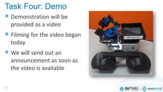 Demonstration will be
provided as a video
Filming for the video began
today
We will send out an
announcement as soon as
the video is available
63
Task Four: Demo
 
