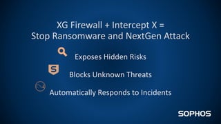 XG Firewall + Intercept X =
Stop Ransomware and NextGen Attack
Exposes Hidden Risks
Blocks Unknown Threats
Automatically Responds to Incidents
 