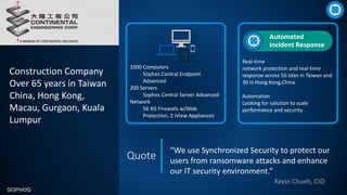 Construction Company
Over 65 years in Taiwan
China, Hong Kong,
Macau, Gurgaon, Kuala
Lumpur
Quote
1000 Computers
Sophos Central Endpoint
Advanced
200 Servers
Sophos Central Server Advanced
Network
56 XG Firewalls w/Web
Protection, 2 iView Appliances
Real-time
network protection and real-time
response across 50 sites in Taiwan and
30 in Hong Kong,China
Automation
Looking for solution to scale
performance and security
Automated
Incident Response
“We use Synchronized Security to protect our
users from ransomware attacks and enhance
our IT security environment.”
Kevin Chueh, CIO
 