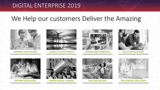 We Help our customers Deliver the Amazing
IMPROVE HEALTHCARE TRANSFORM COMMERCE BUILD APPLICATIONS
RETHINK EDUCATION POWER SOCIAL CHANGE EXPLORE NATURE ENCOURAGE DISCOVERY
ENABLE CLEAN ENERGY
DIGITAL ENTERPRISE 2019
 