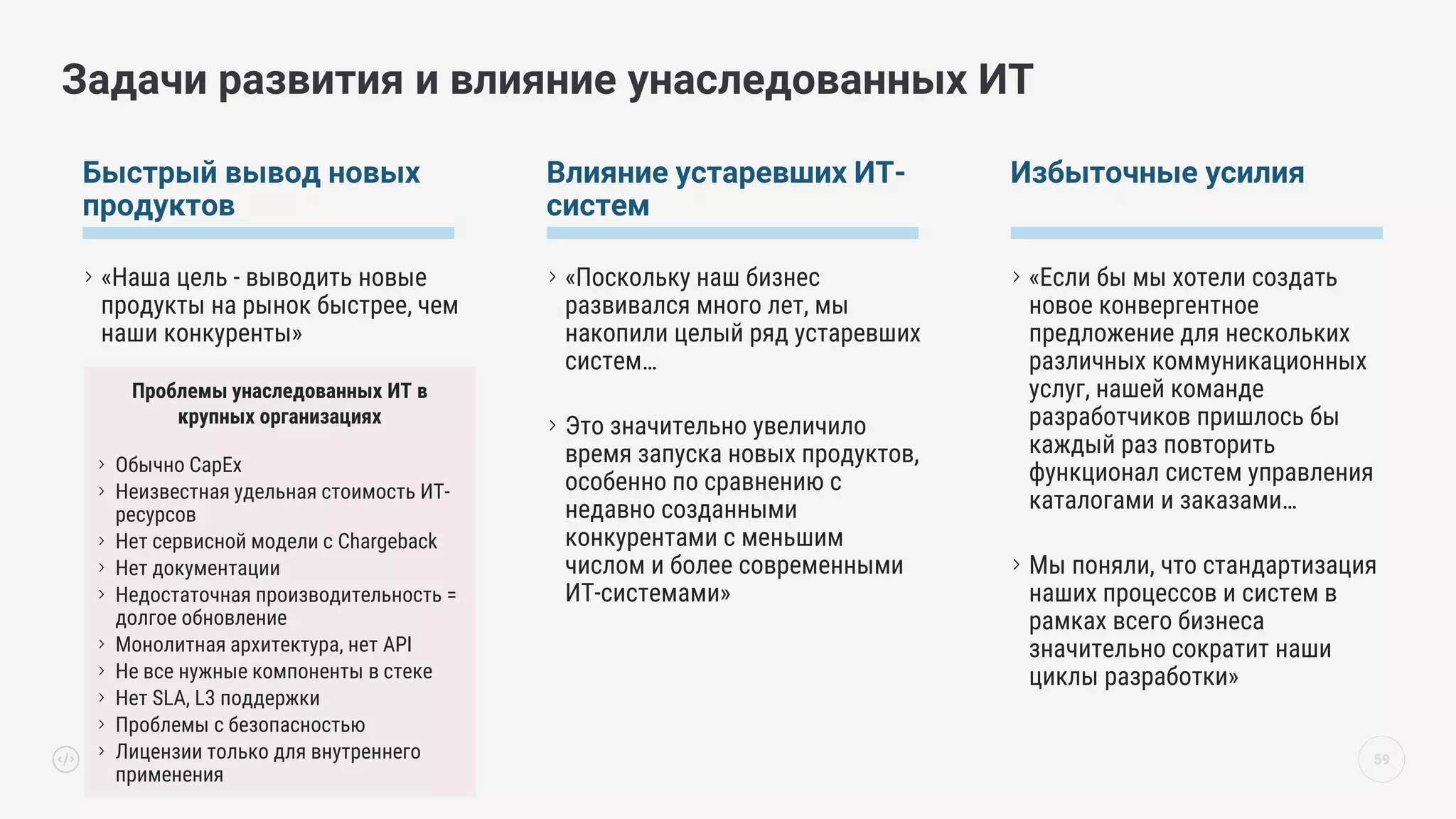 59
Задачи развития и влияние унаследованных ИТ
Быстрый вывод новых
продуктов
«Наша цель - выводить новые
продукты на рынок быстрее, чем
наши конкуренты»
Влияние устаревших ИТ-
систем
«Поскольку наш бизнес
развивался много лет, мы
накопили целый ряд устаревших
систем…
Это значительно увеличило
время запуска новых продуктов,
особенно по сравнению с
недавно созданными
конкурентами с меньшим
числом и более современными
ИТ-системами»
Избыточные усилия
«Если бы мы хотели создать
новое конвергентное
предложение для нескольких
различных коммуникационных
услуг, нашей команде
разработчиков пришлось бы
каждый раз повторить
функционал систем управления
каталогами и заказами…
Мы поняли, что стандартизация
наших процессов и систем в
рамках всего бизнеса
значительно сократит наши
циклы разработки»
Проблемы унаследованных ИТ в
крупных организациях
Обычно CapEx
Неизвестная удельная стоимость ИТ-
ресурсов
Нет сервисной модели с Chargeback
Нет документации
Недостаточная производительность =
долгое обновление
Монолитная архитектура, нет API
Не все нужные компоненты в стеке
Нет SLA, L3 поддержки
Проблемы с безопасностью
Лицензии только для внутреннего
применения
 