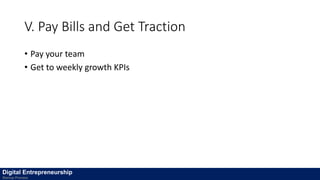 V. Pay Bills and Get Traction
• Pay your team
• Get to weekly growth KPIs
Digital Entrepreneurship
Startup Process
 