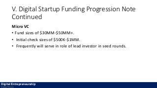 V. Digital Startup Funding Progression Note
Continued
Micro VC
• Fund sizes of $30MM-$50MM+.
• Initial check sizes of $500K-$1MM.
• Frequently will serve in role of lead investor in seed rounds.
Digital Entrepreneurship
Startup Process
 