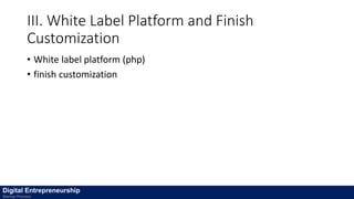III. White Label Platform and Finish
Customization
• White label platform (php)
• finish customization
Digital Entrepreneurship
Startup Process
 