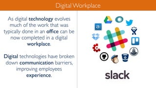 As digital technology evolves
much of the work that was
typically done in an ofﬁce can be
now completed in a digital
workplace.
Digital technologies have broken
down communication barriers,
improving employees
experience.
Digital Workplace
 