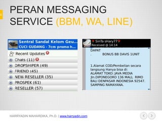 PERAN MESSAGING
SERVICE (BBM, WA, LINE)
HARRYADIN MAHARDIKA, Ph.D. | www.harryadin.com
 