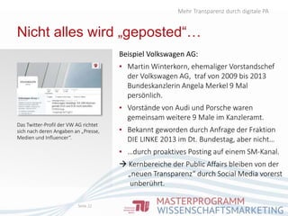 Nicht alles wird „geposted“…
Beispiel Volkswagen AG:
▪ Martin Winterkorn, ehemaliger Vorstandschef
der Volkswagen AG, traf von 2009 bis 2013
Bundeskanzlerin Angela Merkel 9 Mal
persönlich.
▪ Vorstände von Audi und Porsche waren
gemeinsam weitere 9 Male im Kanzleramt.
▪ Bekannt geworden durch Anfrage der Fraktion
DIE LINKE 2013 im Dt. Bundestag, aber nicht…
▪ …durch proaktives Posting auf einem SM-Kanal.
 Kernbereiche der Public Affairs bleiben von der
„neuen Transparenz“ durch Social Media vorerst
unberührt.
Mehr Transparenz durch digitale PA
Seite 22
Das Twitter-Profil der VW AG richtet
sich nach deren Angaben an „Presse,
Medien und Influencer“.
 