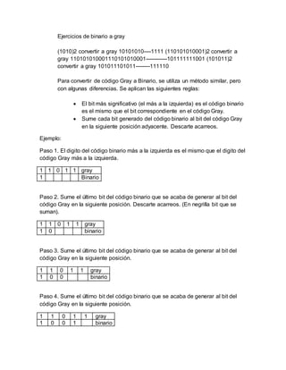 Ejercicios de binario a gray
(1010)2 convertir a gray 10101010----1111 (110101010001)2 convertir a
gray 110101010001110101010001------------101111111001 (101011)2
convertir a gray 101011101011--------111110
Para convertir de código Gray a Binario, se utiliza un método similar, pero
con algunas diferencias. Se aplican las siguientes reglas:
 El bit más significativo (el más a la izquierda) es el código binario
es el mismo que el bit correspondiente en el código Gray.
 Sume cada bit generado del código binario al bit del código Gray
en la siguiente posición adyacente. Descarte acarreos.
Ejemplo:
Paso 1. El digito del código binario más a la izquierda es el mismo que el digito del
código Gray más a la izquierda.
1 1 0 1 1 gray
1 Binario
Paso 2. Sume el último bit del código binario que se acaba de generar al bit del
código Gray en la siguiente posición. Descarte acarreos. (En negrilla bit que se
suman).
1 1 0 1 1 gray
1 0 binario
Paso 3. Sume el último bit del código binario que se acaba de generar al bit del
código Gray en la siguiente posición.
1 1 0 1 1 gray
1 0 0 binario
Paso 4. Sume el último bit del código binario que se acaba de generar al bit del
código Gray en la siguiente posición.
1 1 0 1 1 gray
1 0 0 1 binario
 