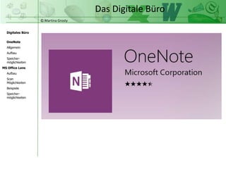 © Martina Grosty
Digitales Büro
MS Office Lens
Aufbau
Scan
Möglichkeiten
Beispiele
OneNote
Allgemein
Aufbau
Speicher-
möglichkeiten
Speicher-
möglichkeiten
Das Digitale Büro
 