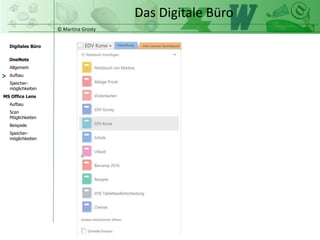 © Martina Grosty
Digitales Büro
MS Office Lens
Aufbau
Scan
Möglichkeiten
Beispiele
OneNote
Allgemein
Aufbau
Speicher-
möglichkeiten
Speicher-
möglichkeiten
Das Digitale Büro
Notizbuchliste
Seiten
Abschnitte
Arbeitsfläche
>
 