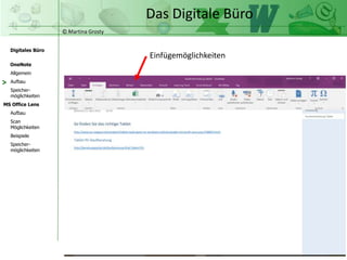 © Martina Grosty
Digitales Büro
MS Office Lens
Aufbau
Scan
Möglichkeiten
Beispiele
OneNote
Allgemein
Aufbau
Speicher-
möglichkeiten
Speicher-
möglichkeiten
Das Digitale Büro
Einzelne Abschnitte / Register
Seiten im Abschnitt
>
 