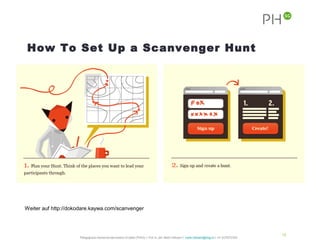How To Set Up a Scanvenger Hunt




Weiter auf http://dokodare.kaywa.com/scanvenger



                                                                                                                                                             18
                     Pädagogische Hochschule des Kantons St.Gallen (PHSG) // Prof. lic. phil. Martin Hofmann // martin.hofmann@phsg.ch // +41 (0)793731924
 