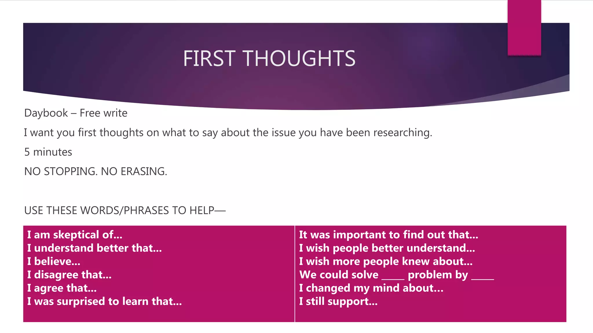 FIRST THOUGHTS
Daybook – Free write
I want you first thoughts on what to say about the issue you have been researching.
5 minutes
NO STOPPING. NO ERASING.
USE THESE WORDS/PHRASES TO HELP—
I am skeptical of...
I understand better that...
I believe...
I disagree that...
I agree that...
I was surprised to learn that...
It was important to find out that...
I wish people better understand...
I wish more people knew about...
We could solve _____ problem by _____
I changed my mind about…
I still support...
 