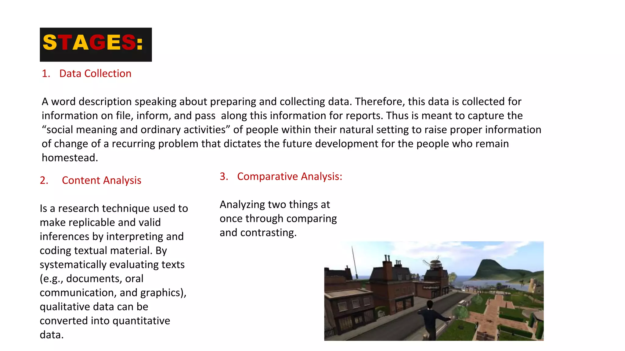 STAGES:
1. Data Collection
A word description speaking about preparing and collecting data. Therefore, this data is collected for
information on file, inform, and pass along this information for reports. Thus is meant to capture the
“social meaning and ordinary activities” of people within their natural setting to raise proper information
of change of a recurring problem that dictates the future development for the people who remain
homestead.
2. Content Analysis
Is a research technique used to
make replicable and valid
inferences by interpreting and
coding textual material. By
systematically evaluating texts
(e.g., documents, oral
communication, and graphics),
qualitative data can be
converted into quantitative
data.
3. Comparative Analysis:
Analyzing two things at
once through comparing
and contrasting.
 