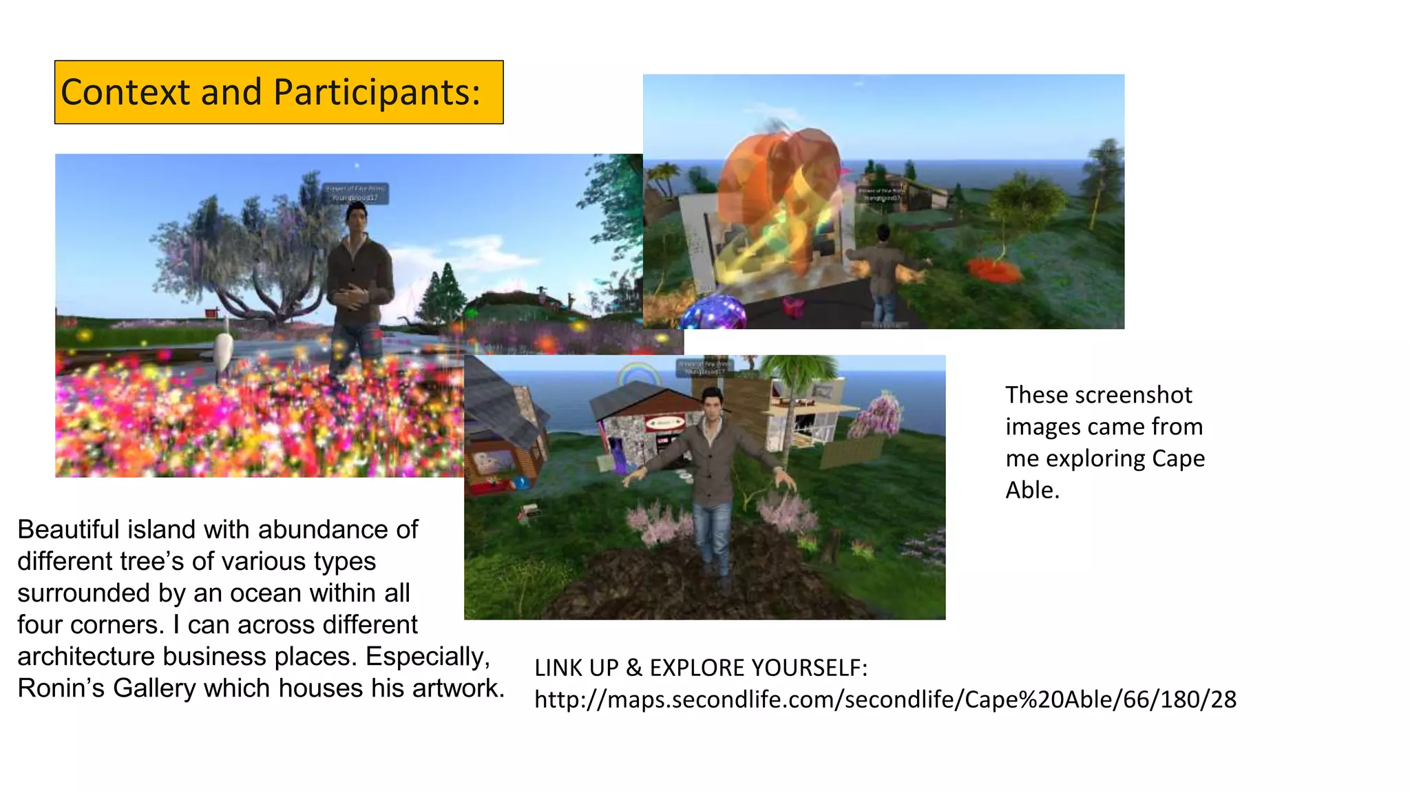 Context and Participants:
Beautiful island with abundance of
different tree’s of various types
surrounded by an ocean within all
four corners. I can across different
architecture business places. Especially,
Ronin’s Gallery which houses his artwork.
LINK UP & EXPLORE YOURSELF:
http://maps.secondlife.com/secondlife/Cape%20Able/66/180/28
These screenshot
images came from
me exploring Cape
Able.
 