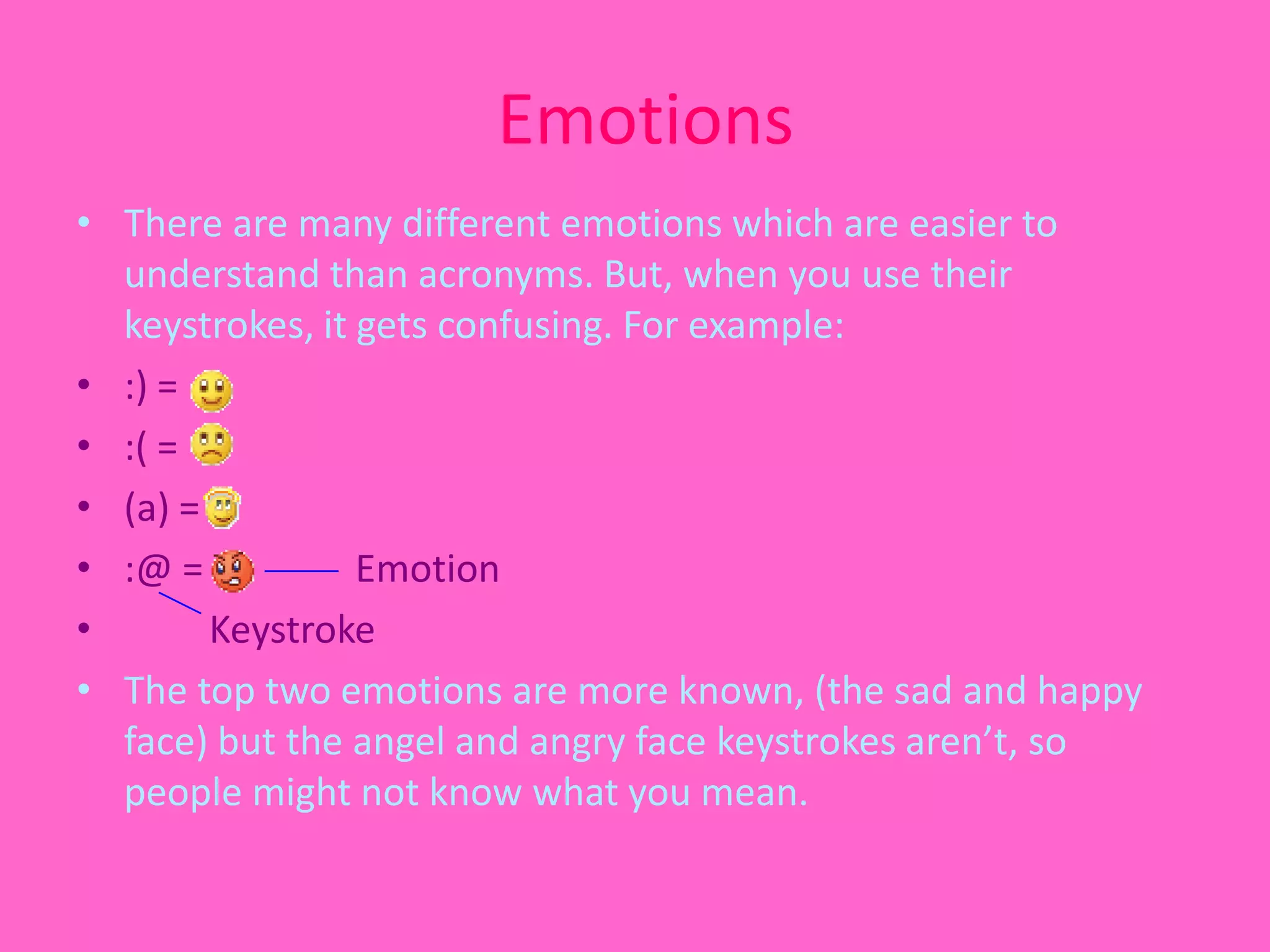 EmotionsThere are many different emotions which are easier to understand than acronyms. But, when you use their keystrokes, it gets confusing. For example::) = :( = (a) = :@ =                Emotion         Keystroke The top two emotions are more known, (the sad and happy face) but the angel and angry face keystrokes aren’t, so people might not know what you mean.