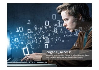 Zugang	
  „Access“	
  
Einfacher	
  und	
  schneller	
  Zugang	
  zu	
  InformaJonen,	
  Daten	
  
und	
  Prozesse	
  wann	
  und	
  wo	
  immer	
  (Mobile,	
  Simplify...)	
  
 