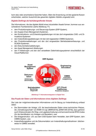 Die digitale Transformation der Instandhaltung
Digital Twins
Georg Güntner, Lydia Höller (Hrsg.) 30 /50
© Projektkonsortium i-Maintenance (2018)
kann also viele verschiedene Gesichter haben. Allein die Anwendung und der geplante Nutzen
entscheiden, welcher Ausschnitt des gesamten digitalen Abbilds umgesetzt wird.
Digitale Zwillinge als fachübergreifender Ansatz
Die Informationen, die das digitale Abbild eines industriellen Assets formen, kommen aus ver-
schiedenen Fachbereichen (siehe Abbildung 17):
 dem Produktionsplanungs- und Steuerungs-System (ERP-System),
 den Supply-Chain-Management-Systemen,
 den Konstruktions- und Entwicklungsabteilungen mit den dort eingesetzten CAD- und Si-
mulations-Systemen
 den Instandhaltungsabteilungen mit den dort eigesetzten CMMS-Systemen,
 den Produktionsabteilungen und den dort eingesetzten Betriebsdatenerfassungs- und
SCADA-Systemen,
 den Dokumentationsabteilungen,
 den Asset Management Abteilungen
 den IT-Abteilungen und den dort verwalteten Datenhaltungssystemen einschließlich der
Cloud-Plattformen
Das Puzzle der Daten und Informationen eines digitalen Zwillings
Die Liste der möglichen/relevanten Informationen und ihr Bezug zur Instandhaltung umfasst
dabei:
 Die Stammdaten der Anlage: z.B. die beschreibenden Daten eines technischen Platzes,
die „Verwaltungsschale“ von RAMI 4.0 (vgl. [BMWi2016], [DIN91345-2016]), dazu gehören
auch Ortskoordinaten (für Weg- und Lagebeschreibung) und kennzeichnende RFID-Codes
(für die Identifikation von Anlagen und Bauteilen), usw.
 Die Anlagenstruktur: z.B. aus dem CAD-System beim Hersteller, dem ERP-System, dem
CMMS-System, usw.
 Instandhaltungspläne und die Dokumentation von Instandhaltungsmaßnahmen: üblicher-
weise im CMMS verwaltet.
Abbildung 17: Informationsintegration im Digital Twin
 