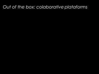 Out of the box: collaborative platforms
Wikipedia
Google Art
project
Europeana
Collections/
Content
Out of the box: colaborative plataforms
 