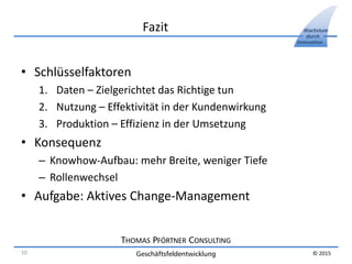 THOMAS PFÖRTNER CONSULTING
Geschäftsfeldentwicklung
Wachstum
durch
Innovation
© 2015
Fazit
• Schlüsselfaktoren
1. Daten – Zielgerichtet das Richtige tun
2. Nutzung – Effektivität in der Kundenwirkung
3. Produktion – Effizienz in der Umsetzung
• Konsequenz
– Knowhow-Aufbau: mehr Breite, weniger Tiefe
– Rollenwechsel
• Aufgabe: Aktives Change-Management
10
 