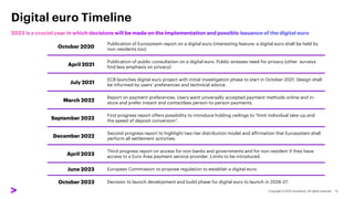 Digital euro Timeline
October 2020
Publication of Eurosystem report on a digital euro (interesting feature: a digital euro shall be held by
non-residents too)
April 2021
Publication of public consultation on a digital euro. Public stresses need for privacy (other surveys
find less emphasis on privacy)
July 2021
ECB launches digital euro project with initial investigation phase to start in October 2021. Design shall
be informed by users’ preferences and technical advice.
March 2022
Report on payment preferences. Users want universally accepted payment methods online and in-
store and prefer instant and contactless person-to-person payments.
September 2022
First progress report offers possibility to introduce holding ceilings to “limit individual take-up and
the speed of deposit conversion”.
December 2022
Second progress report to highlight two-tier distribution model and affirmation that Eurosystem shall
perform all settlement activities.
April 2023
Third progress report on access for non-banks and governments and for non-resident if they have
access to a Euro Area payment service provider. Limits to be introduced.
June 2023 European Commission to propose regulation to establish a digital euro.
October 2023 Decision to launch development and build phase for digital euro to launch in 2026-27.
 