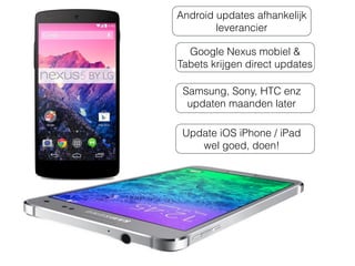 Bijwerken van de iOS altijd  
met oplader aan de iPad
iPad batterij moet 50% zijn
Update kan soms tijdje duren
iPad 2 werkt nog met iOS 9
de iPad 2 is relatief traag.
Nadeel van niet updaten,
alle Apple apps
willen altijd de nieuwste iOS
iOS9.x werkt op:
iPad 2, iPad 3, iPad 4, iPad Air, iPad Air 2, iPad Pro
iPad mini 1, iPad mini 2, iPad mini 3, iPad mini 4
iPhone 4s, iPhone 5, iPhone 5c, iPhone 5s,  
iPhone 6, iPhone 6 Plus en iPhone 6 S
iPod touch (vijfde generatie)
18
 