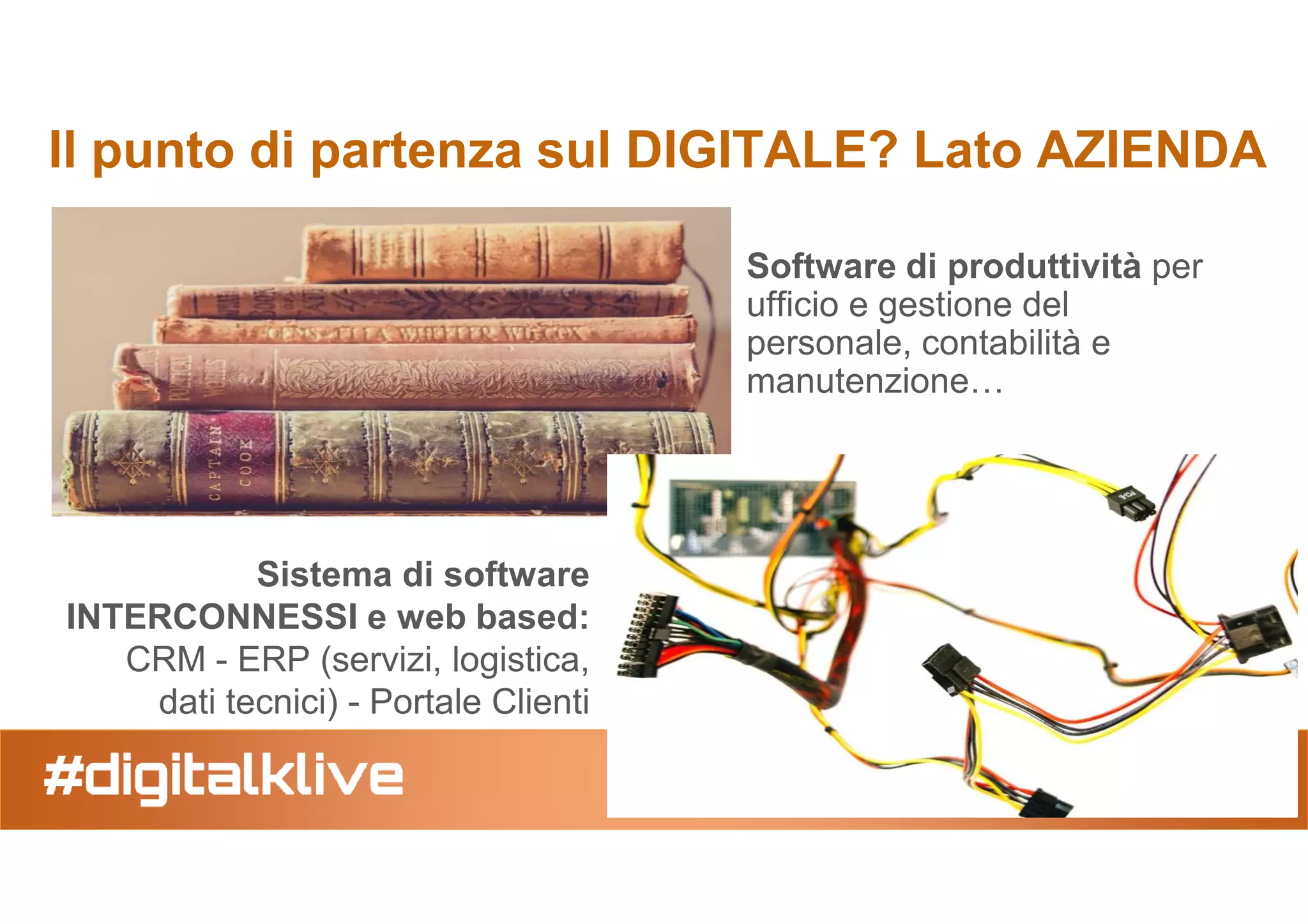 Il punto di partenza sul DIGITALE? Lato AZIENDA
Software di produttività per
ufficio e gestione del
personale, contabilità e
manutenzione…
@alberto_riva 11
Sistema di software
INTERCONNESSI e web based:
CRM - ERP (servizi, logistica,
dati tecnici) - Portale Clienti
 