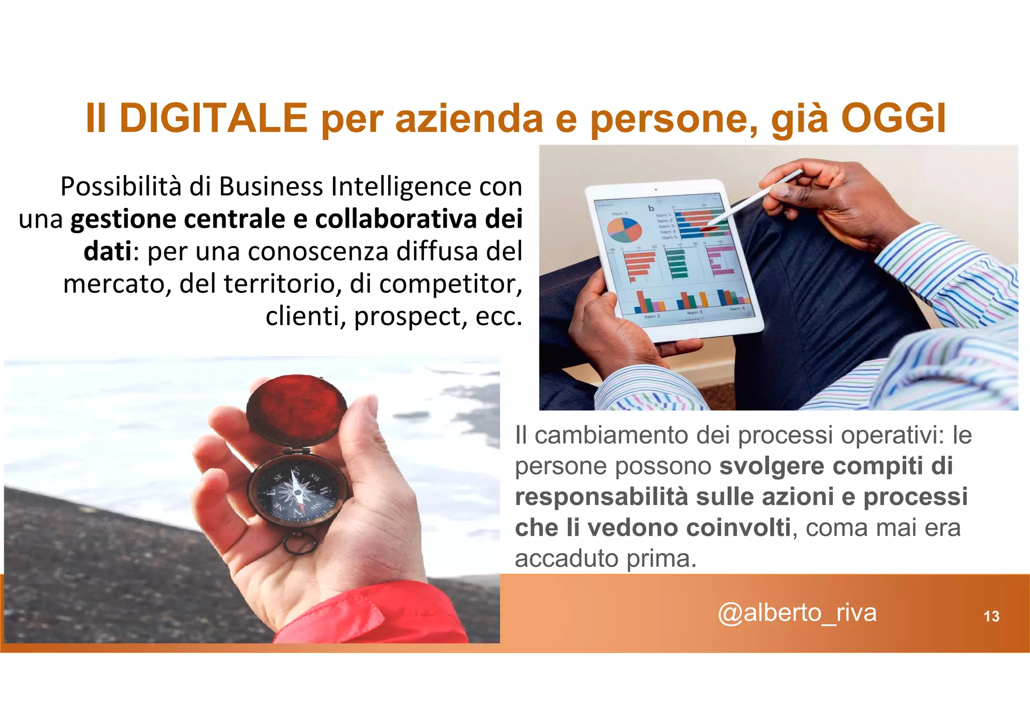 Il DIGITALE per azienda e persone, già OGGI
Possibilità di Business Intelligence con
una gestione centrale e collaborativa dei
dati: per una conoscenza diffusa del
mercato, del territorio, di competitor,
clienti, prospect, ecc.
@alberto_riva 13
Il cambiamento dei processi operativi: le
persone possono svolgere compiti di
responsabilità sulle azioni e processi
che li vedono coinvolti, coma mai era
accaduto prima.
 