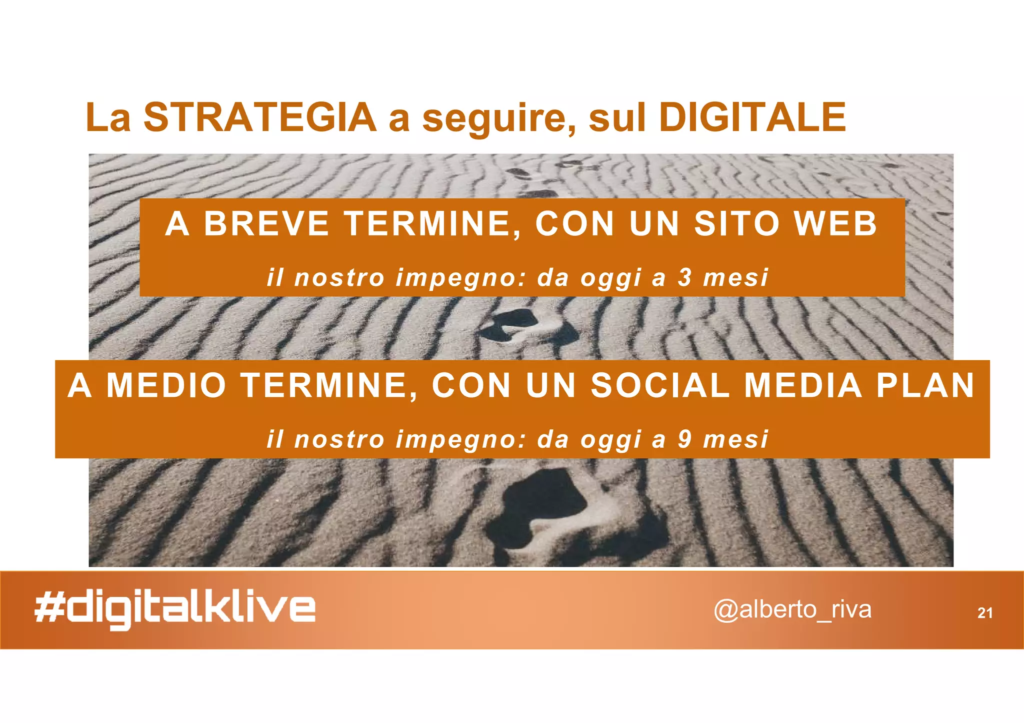 La STRATEGIA a seguire, sul DIGITALE
A BREVE TERMINE, CON UN SITO WEB
il nostro impegno: da oggi a 3 mesi
@alberto_riva 21
A MEDIO TERMINE, CON UN SOCIAL MEDIA PLAN
il nostro impegno: da oggi a 9 mesi
 