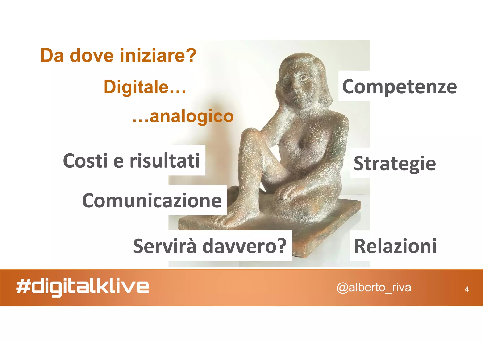 Da dove iniziare?
…analogico
Digitale…
Strategie
Competenze
Costi e risultati
@alberto_riva 4
Strategie
Relazioni
Comunicazione
Costi e risultati
Servirà davvero?
 