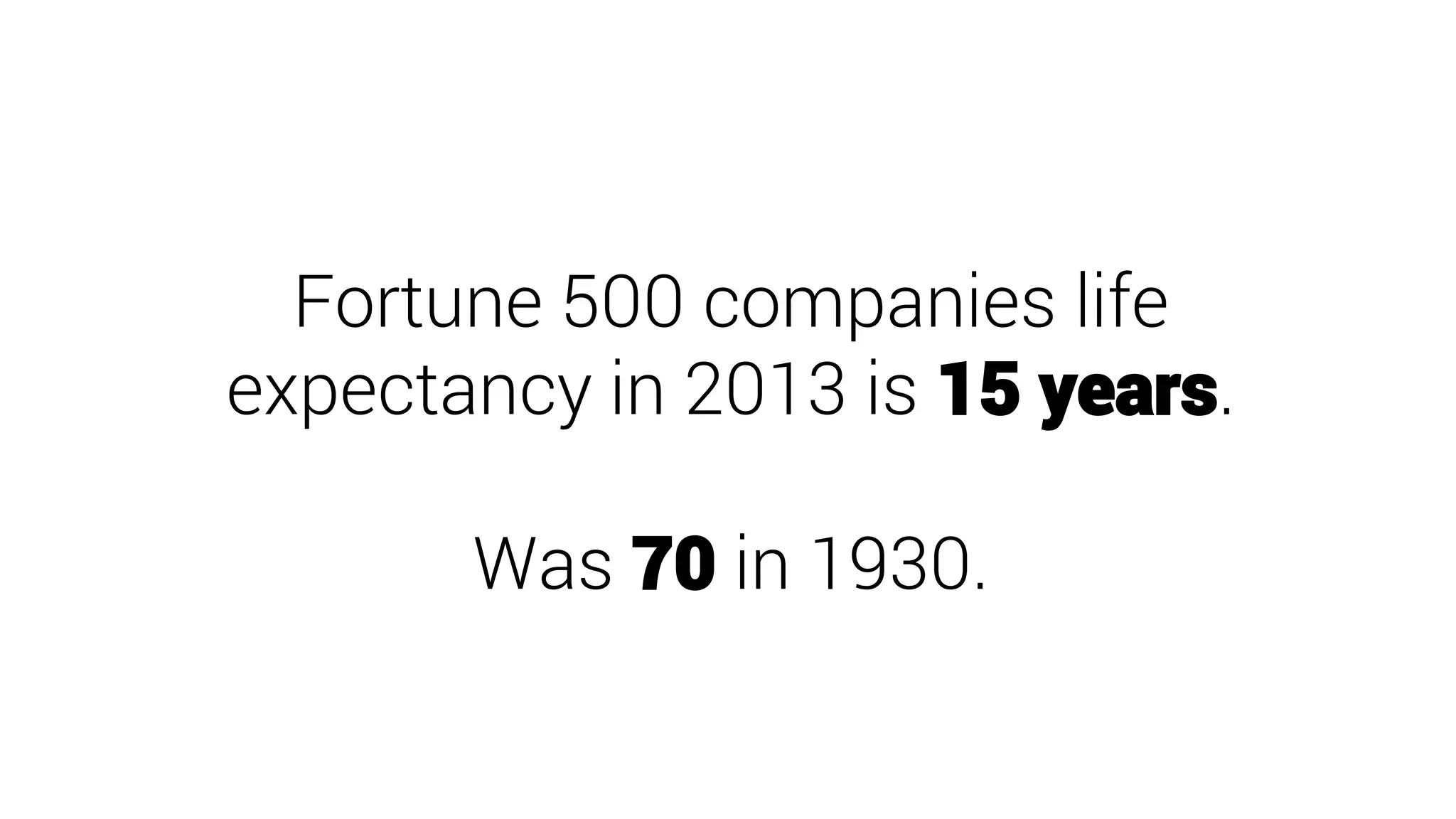 Fortune 500 companies life
expectancy in 2013 is 15 years.
Was 70 in 1930.
 