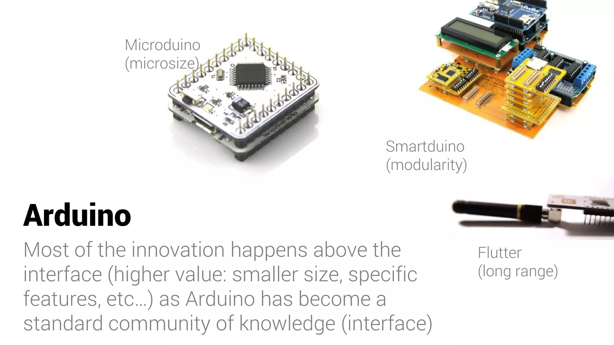 Arduino
Most of the innovation happens above the
interface (higher value: smaller size, specific
features, etc…) as Arduino has become a
standard community of knowledge (interface)
Microduino
(microsize)
Flutter
(long range)
Smartduino
(modularity)
 