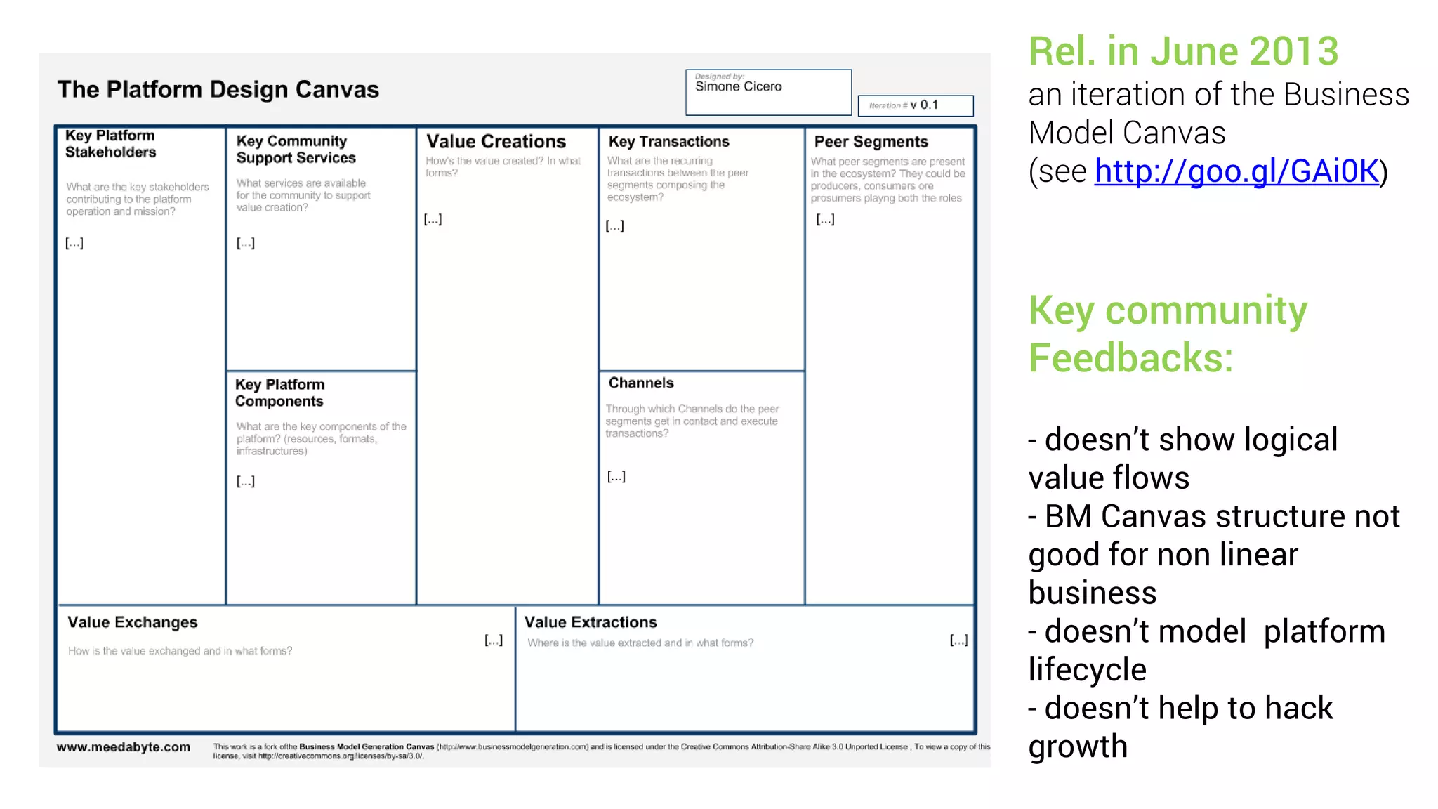 Rel. in June 2013
an iteration of the Business
Model Canvas
(see http://goo.gl/GAi0K)
Key community
Feedbacks:
- doesn’t show logical
value flows
- BM Canvas structure not
good for non linear
business
- doesn’t model platform
lifecycle
- doesn’t help to hack
growth
 