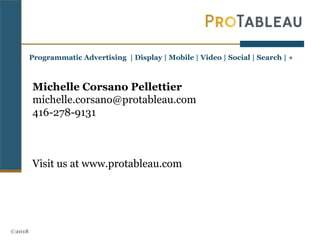 Michelle Corsano Pellettier
michelle.corsano@protableau.com
416-278-9131
Visit us at www.protableau.com
©2018
Programmatic Advertising | Display | Mobile | Video | Social | Search | +
 