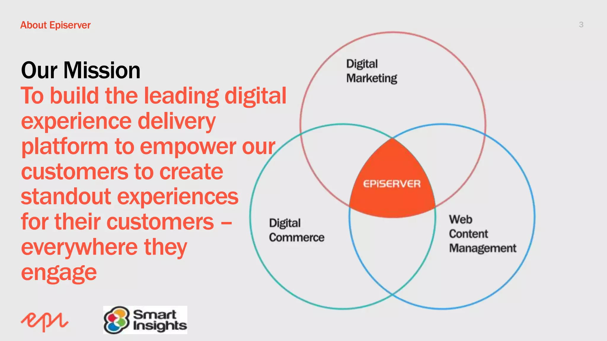 3About Episerver
Our Mission
To build the leading digital
experience delivery
platform to empower our
customers to create
standout experiences
for their customers –
everywhere they
engage
 