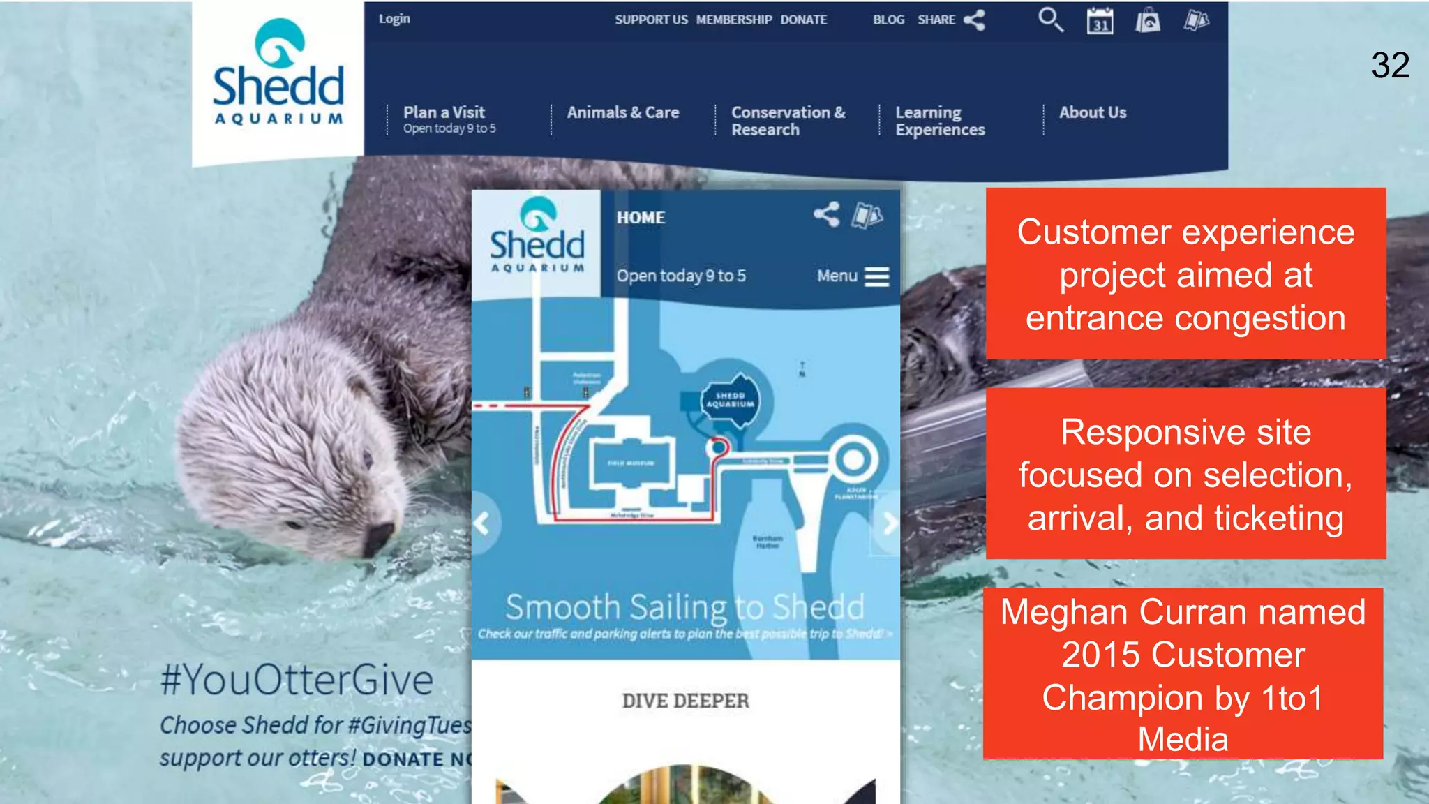 32
Customer experience
project aimed at
entrance congestion
Responsive site
focused on selection,
arrival, and ticketing
Meghan Curran named
2015 Customer
Champion by 1to1
Media
 