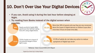 10. Don’t Over Use Your Digital Devices
• If you can, Avoid using it during the last hour before sleeping at
Night.
• Try reading from Books instead of the digital screen when
possible.
Digital Eye Strain By Dr Safaa Refaat
Refrence: Vision Council DES 2015 Report
 