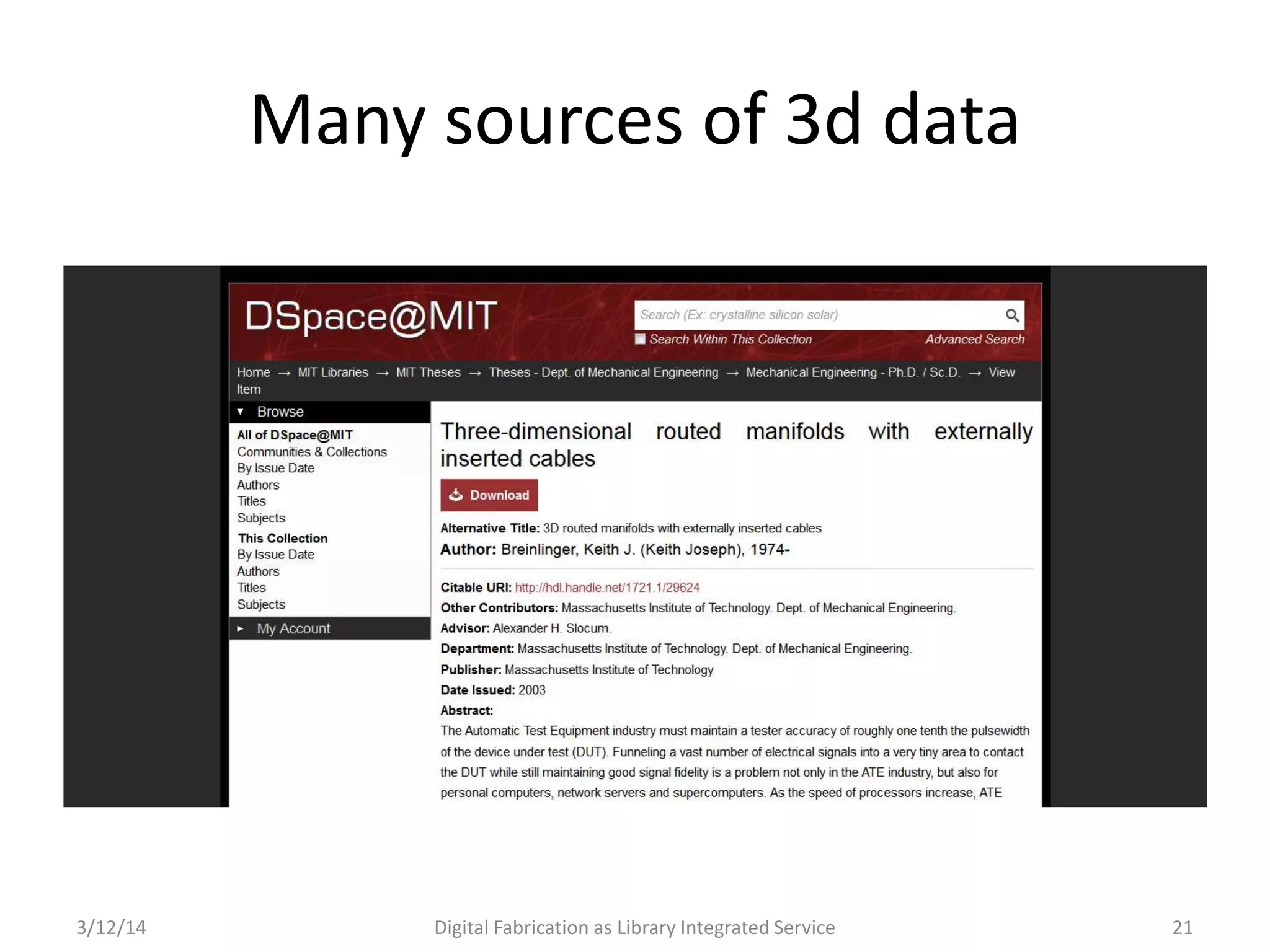 3/12/14 Digital Fabrication as Library Integrated Service 21
Many sources of 3d data
 