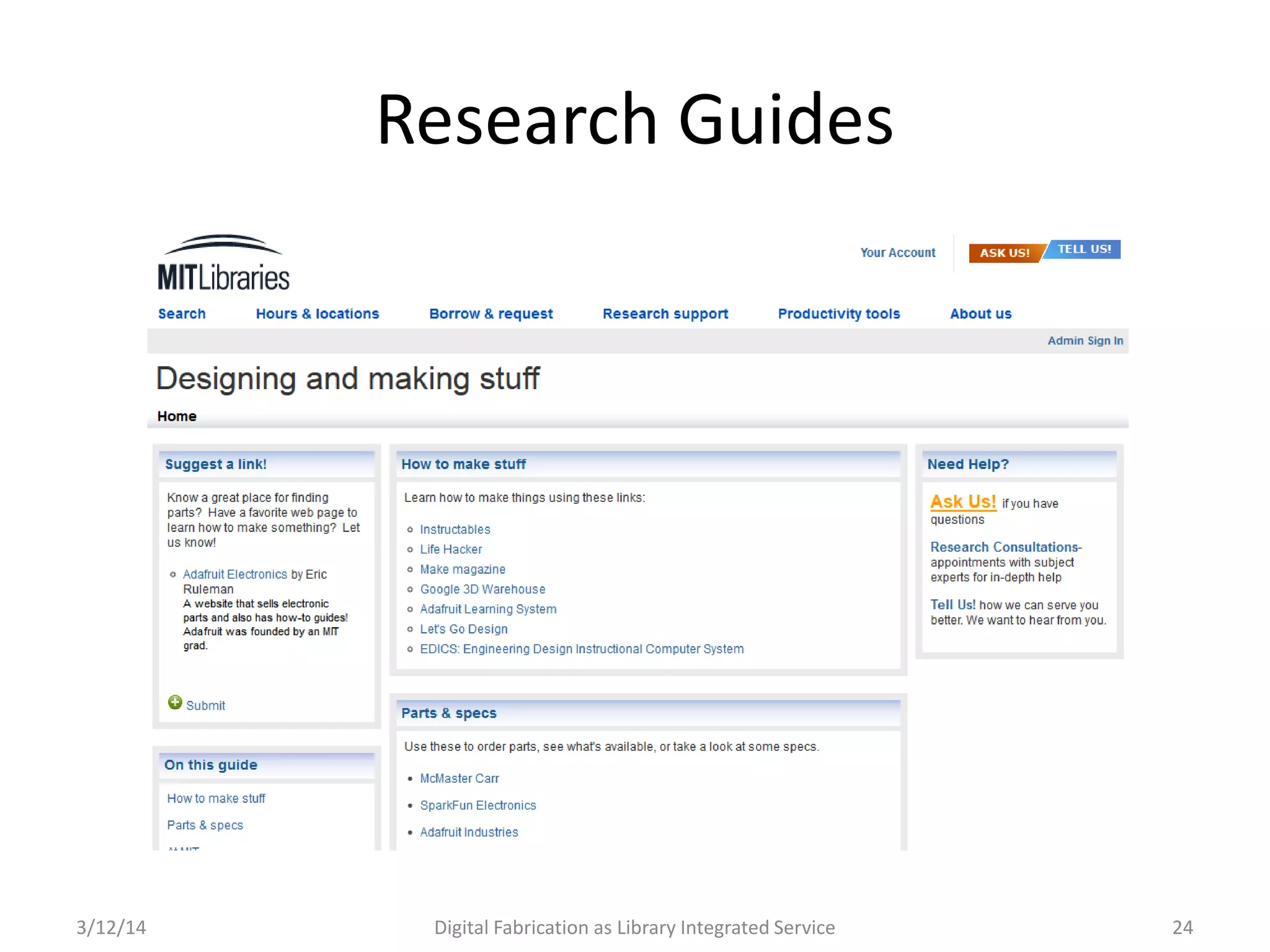 3/12/14 Digital Fabrication as Library Integrated Service 24
Research Guides
 