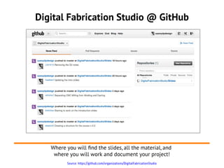 Digital Fabrication Studio @ GitHub




   Where you will fnd the slides, all the material, and
    where you will work and document your project!
          Source: https://github.com/organizations/DigitalFabricationStudio
 
