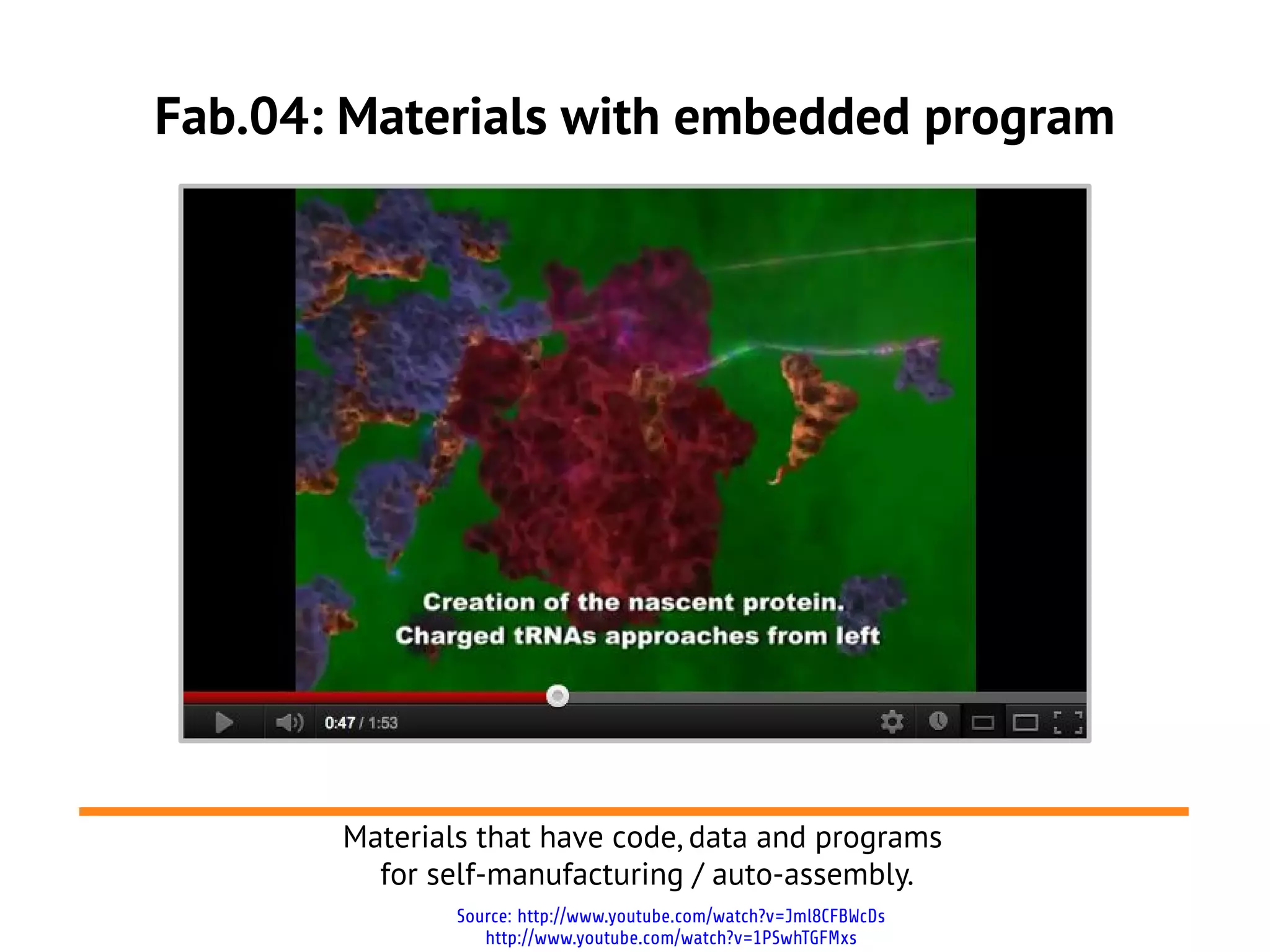 Fab.04: Materials with embedded program




       Materials that have code, data and programs
         for self-manufacturing / auto-assembly.
               Source: http://www.youtube.com/watch?v=Jml8CFBWcDs
                  http://www.youtube.com/watch?v=1PSwhTGFMxs
 