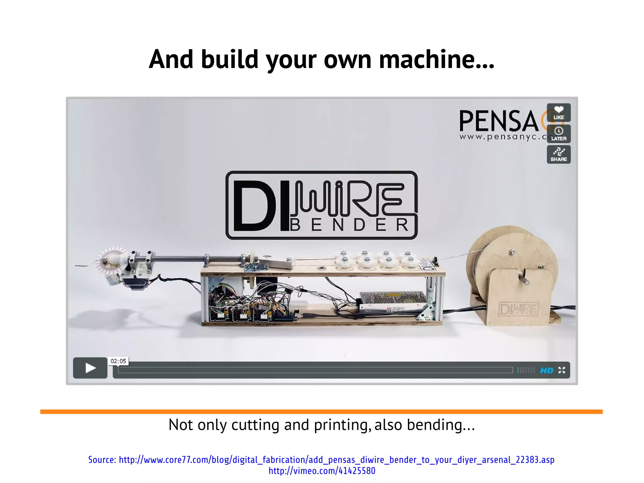 And build your own machine...




                   Not only cutting and printing, also bending...

Source: http://www.core77.com/blog/digital_fabrication/add_pensas_diwire_bender_to_your_diyer_arsenal_22383.asp
                                             http://vimeo.com/41425580
 