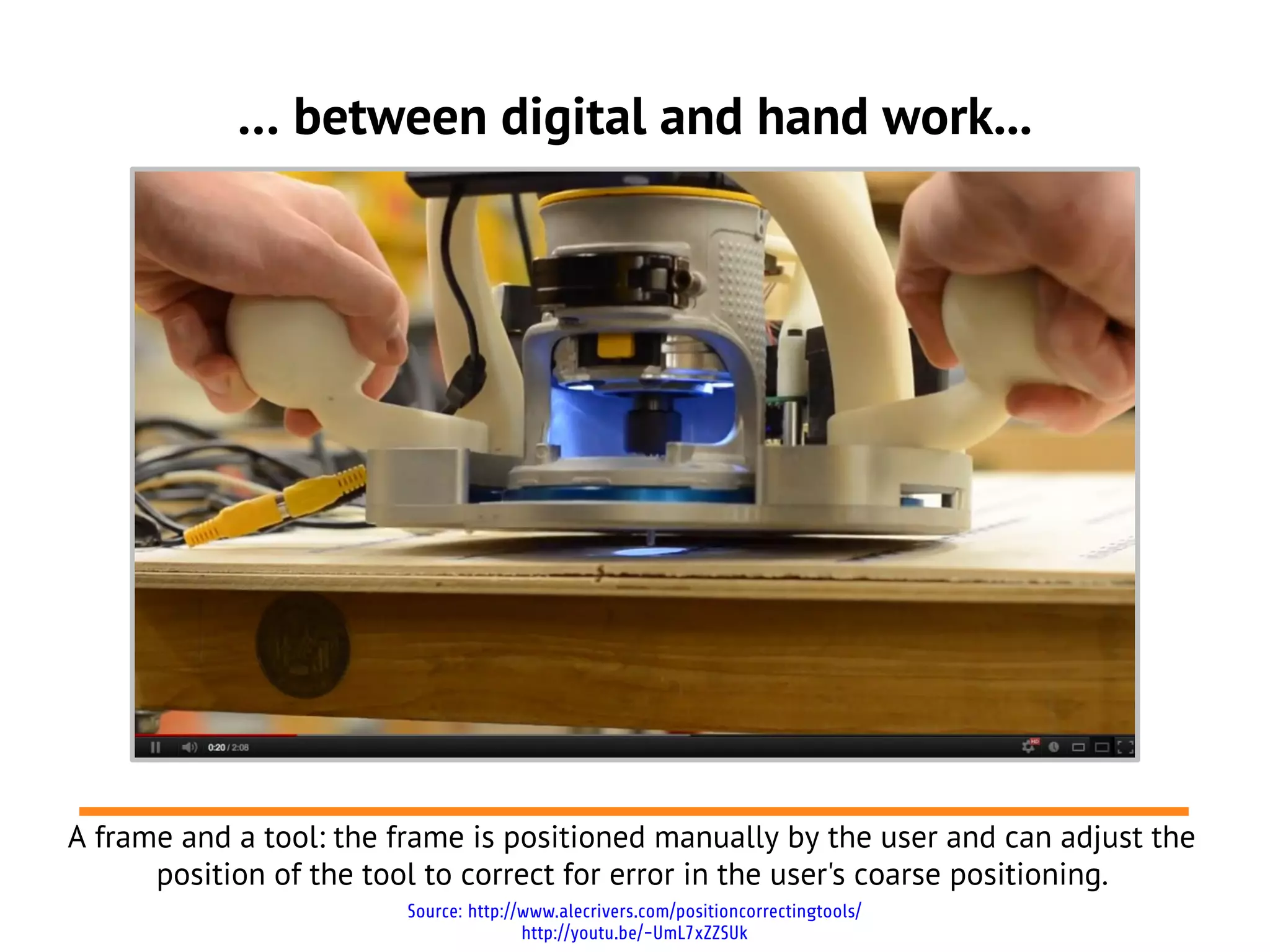 … between digital and hand work...




A frame and a tool: the frame is positioned manually by the user and can adjust the
      position of the tool to correct for error in the user's coarse positioning.
                        Source: http://www.alecrivers.com/positioncorrectingtools/
                                       http://youtu.be/-UmL7xZZSUk
 