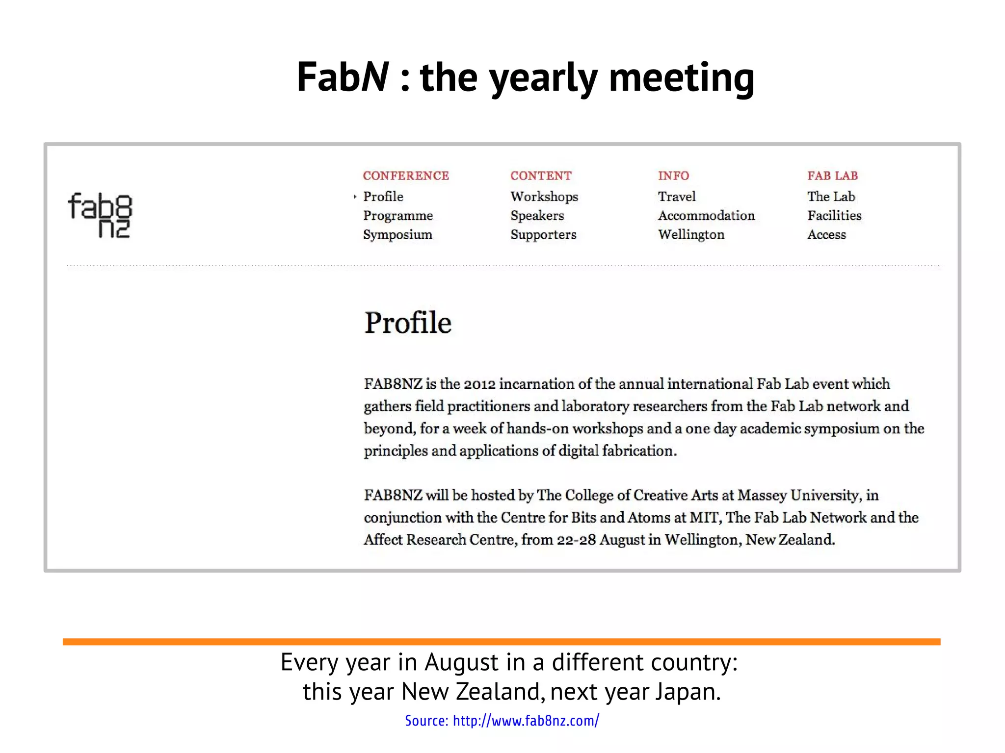 FabN : the yearly meeting




Every year in August in a different country:
  this year New Zealand, next year Japan.
            Source: http://www.fab8nz.com/
 