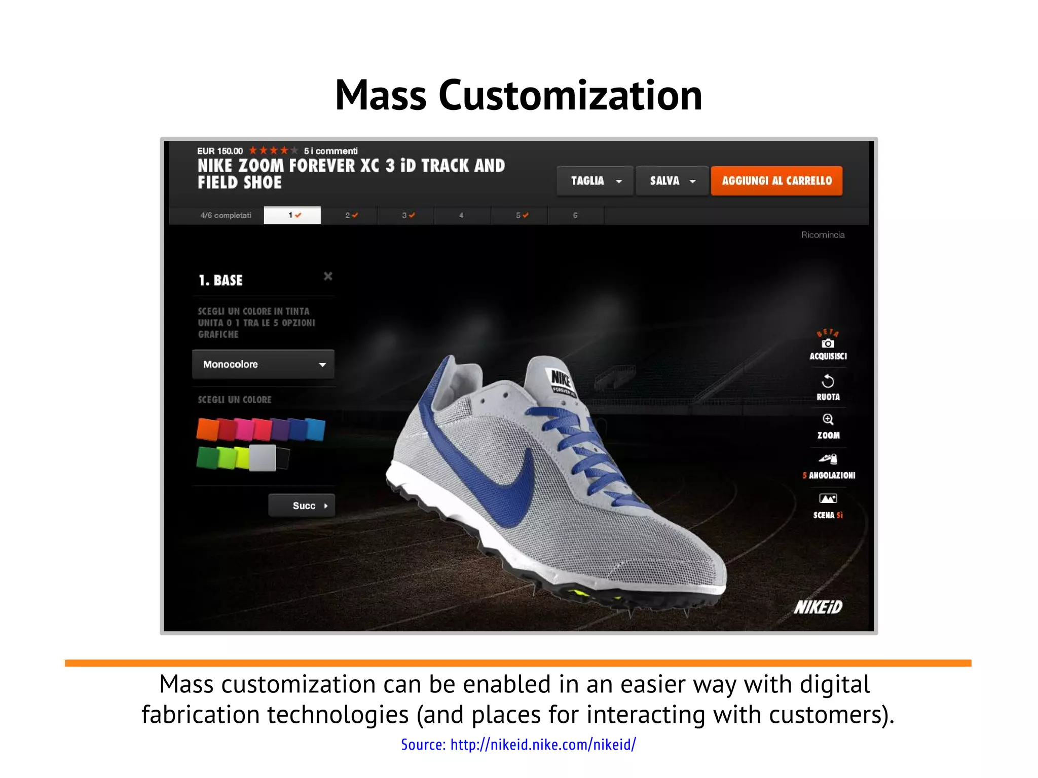 Mass Customization




  Mass customization can be enabled in an easier way with digital
fabrication technologies (and places for interacting with customers).
                       Source: http://nikeid.nike.com/nikeid/
 